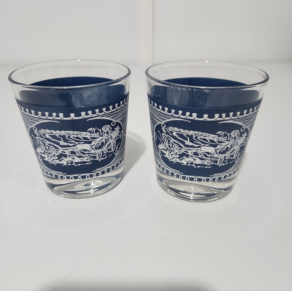 Currier&Ives Blue Patterned Glass Low Ball Tumblers, Set Of 2